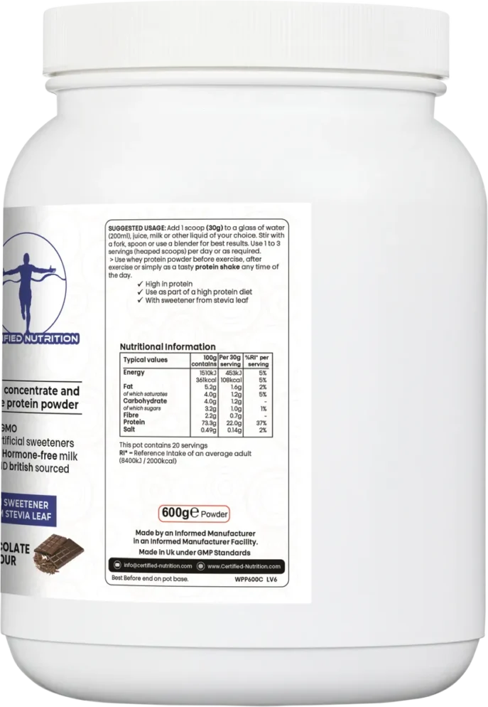 nutritional table and usage instructions for PureWhey Fusion protein powder