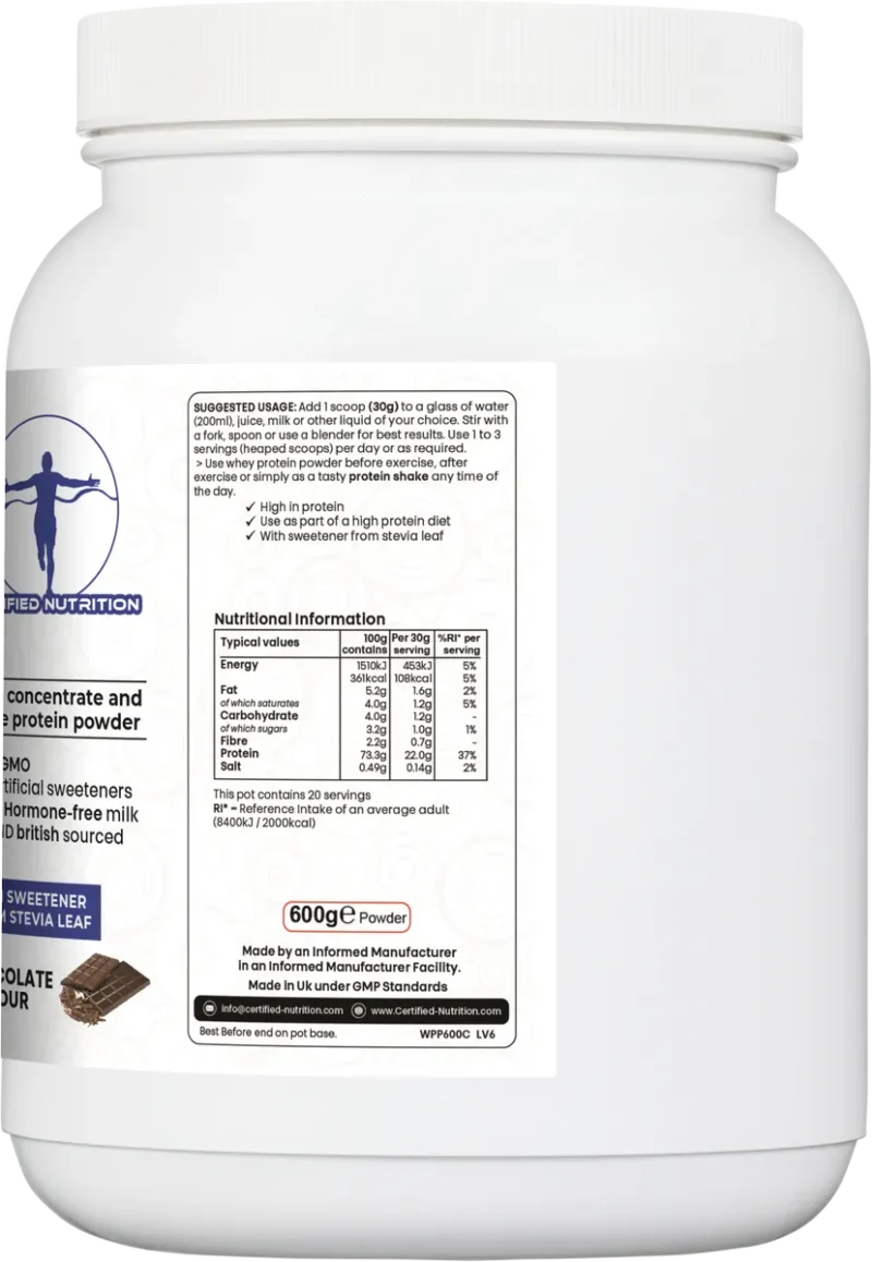 nutritional table and usage instructions for PureWhey Fusion protein powder