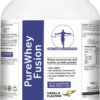 Front label of PureWhey Fusion showing product claims, vanilla flavour, and stevia sweetener inclusion