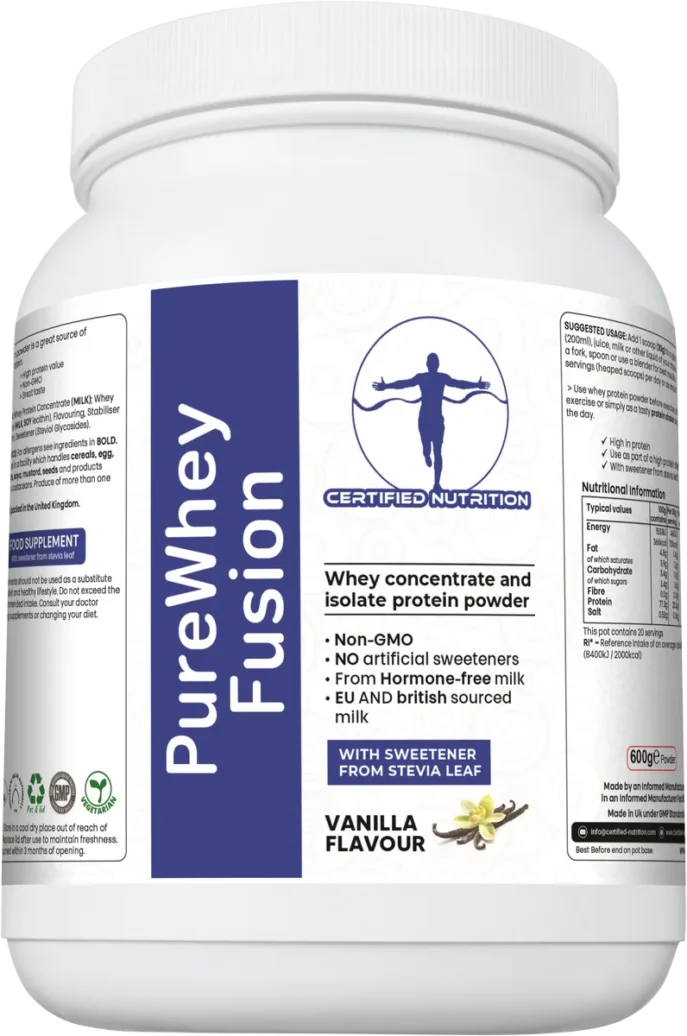 Certified Nutrition PureWhey Fusion vanilla flavour protein powder angled front view showing high-protein blend