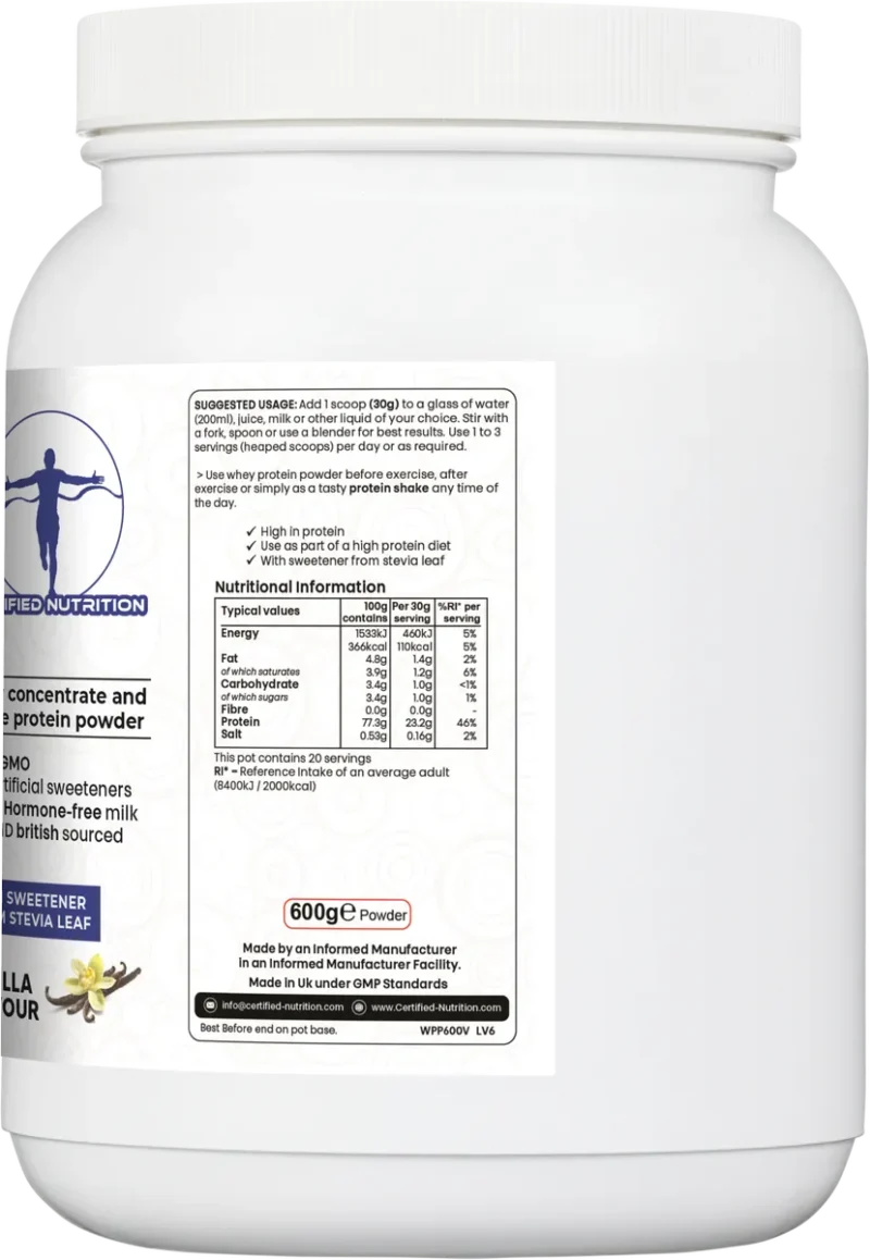 Nutrition facts for PureWhey Fusion protein including 23.2g protein, 1g carbs, and 110 kcal per 30g serving