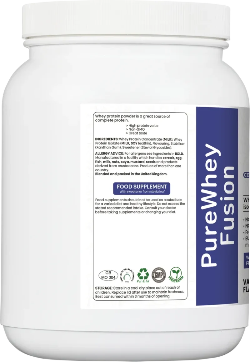 PureWhey Fusion label showing ingredients list, suggested use, food supplement disclaimer and GMP certification