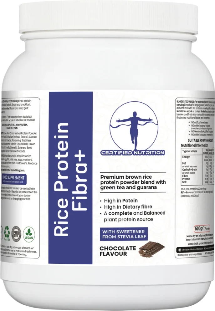 front label of Certified Nutrition Rice Protein Fibra+ chocolate flavour supplement with key product benefits