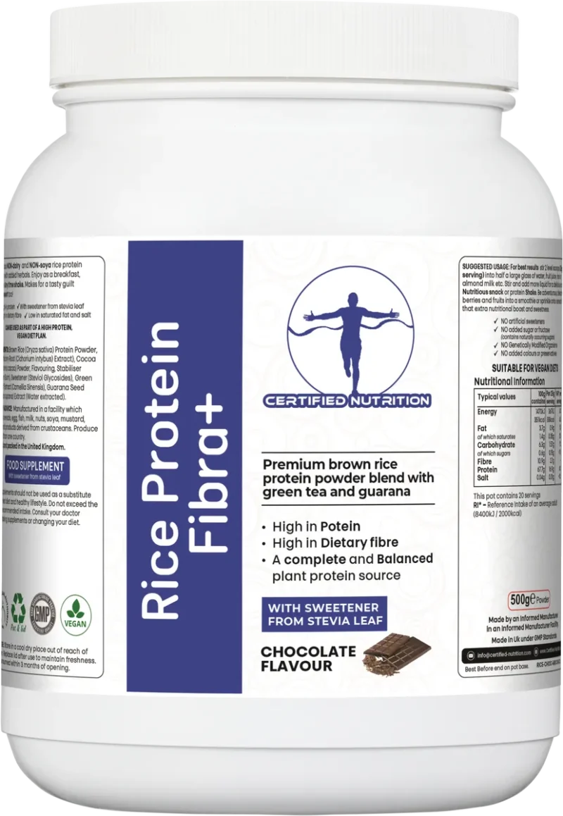 front label of Certified Nutrition Rice Protein Fibra+ chocolate flavour supplement with key product benefits