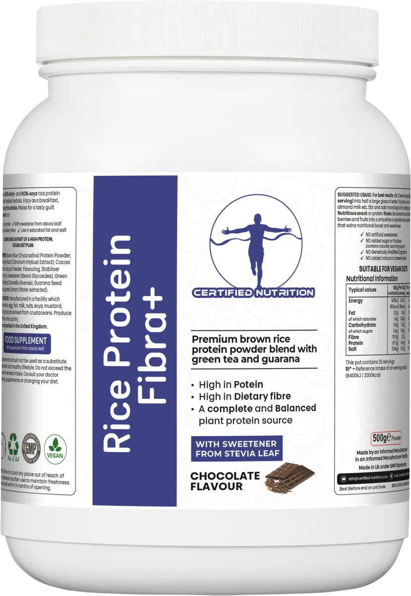 front label of Certified Nutrition Rice Protein Fibra+ chocolate flavour supplement with key product benefits