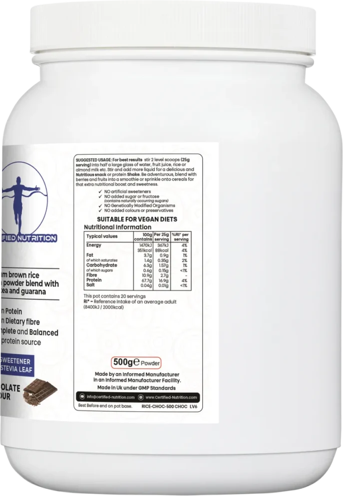 nutritional breakdown of Rice Protein Fibra+ per 100g and 25g serving