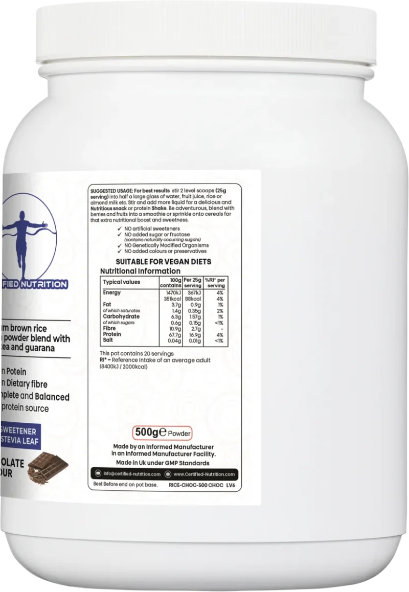 nutritional breakdown of Rice Protein Fibra+ per 100g and 25g serving