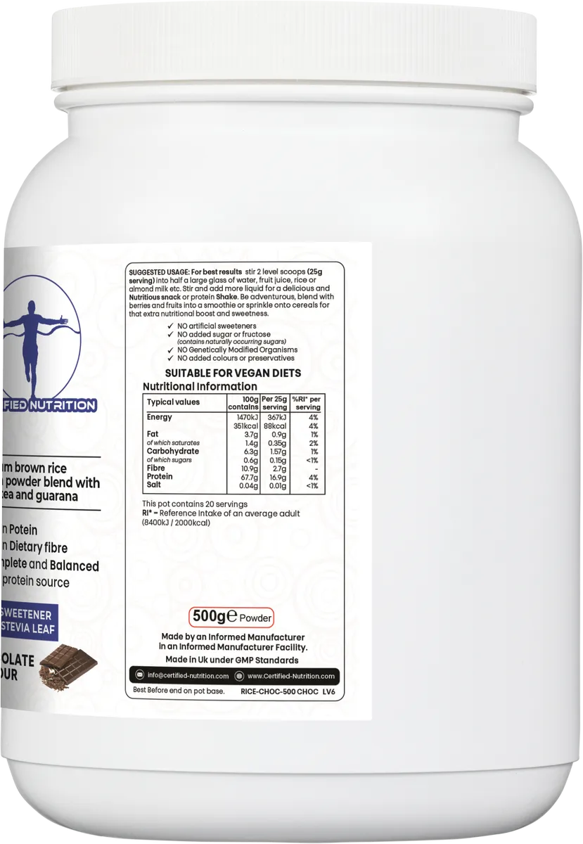 nutritional breakdown of Rice Protein Fibra+ per 100g and 25g serving