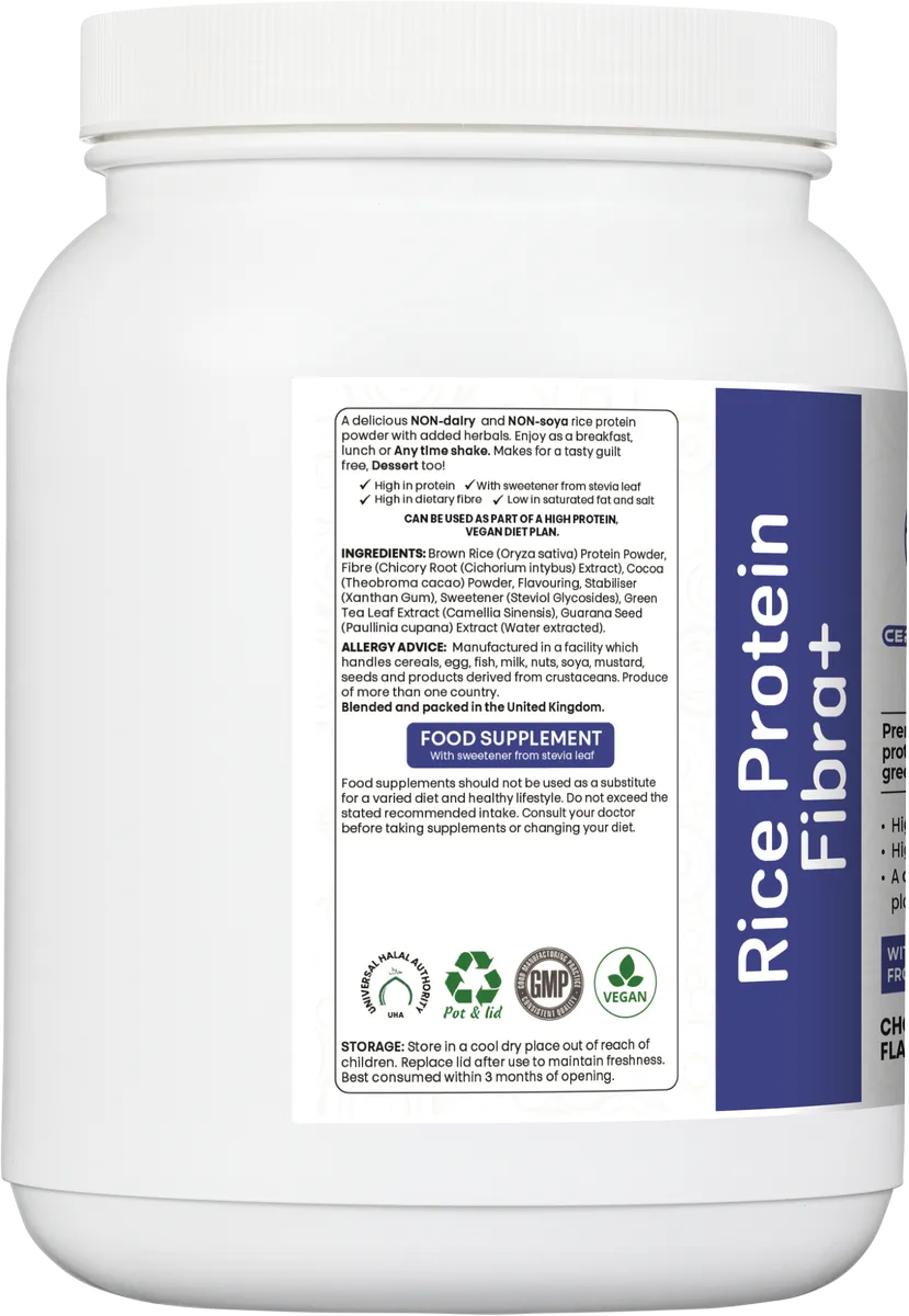 ingredients and allergen declaration for Certified Nutrition Rice Protein Fibra+ with herbal blend