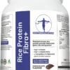 angled front view of Rice Protein Fibra+ container highlighting chocolate flavour and clean label design