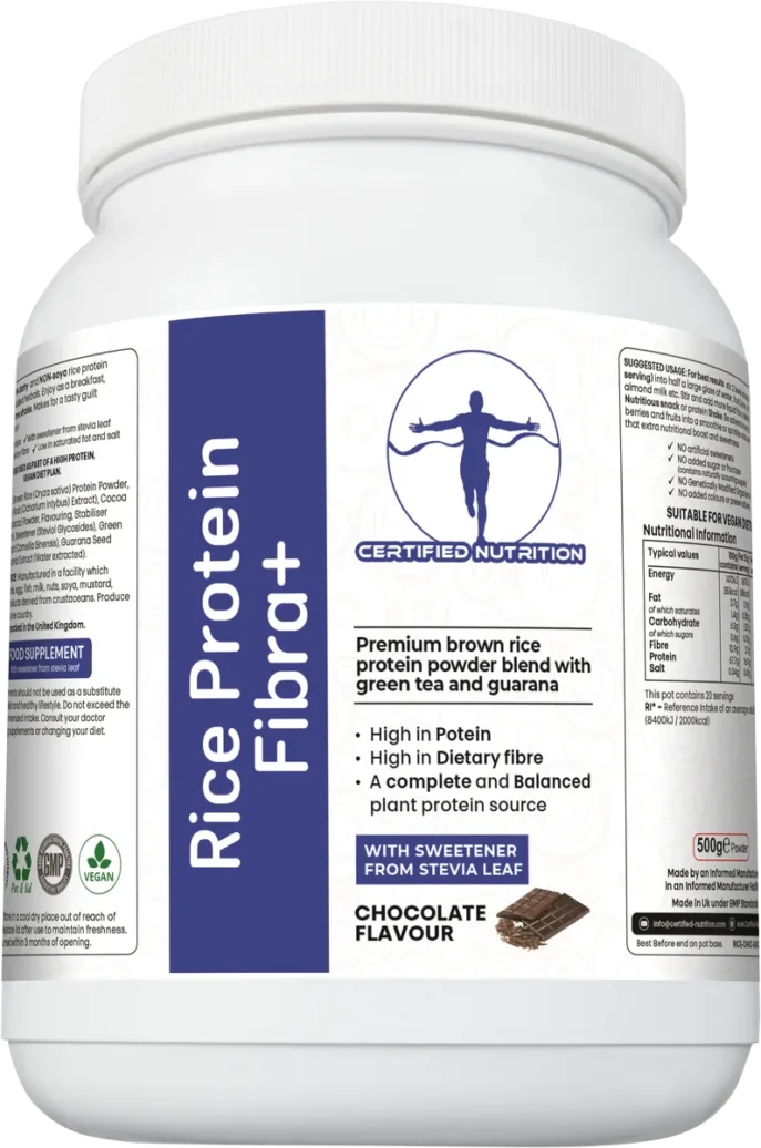 angled front view of Rice Protein Fibra+ container highlighting chocolate flavour and clean label design