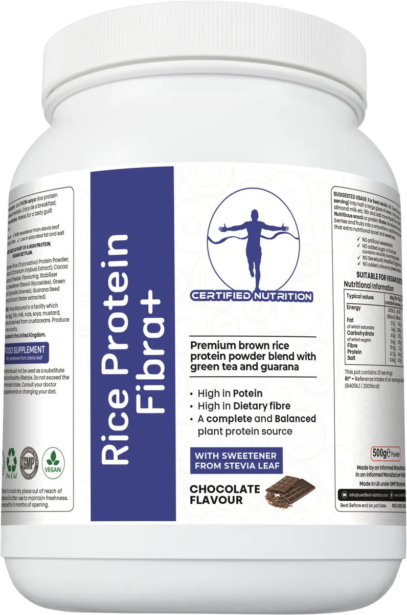 angled front view of Rice Protein Fibra+ container highlighting chocolate flavour and clean label design