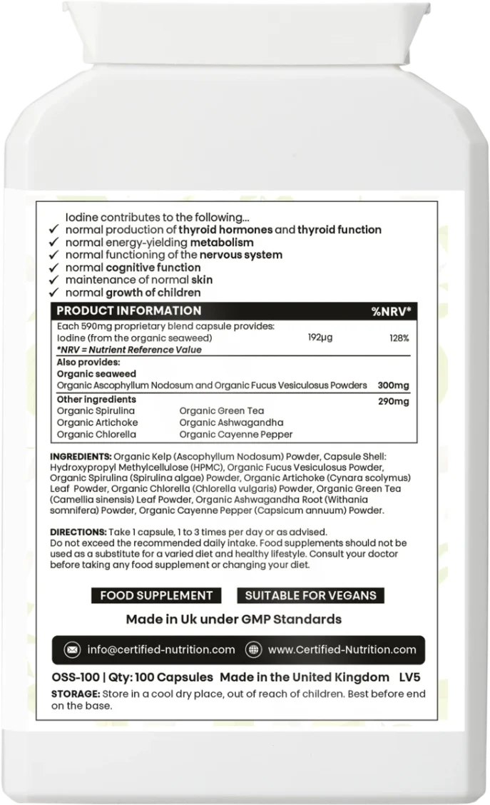 Rectangular white flat HDPE bottle, flip-top cap; rear label shows bullet points that iodine supports thyroid hormones, energy metabolism, neurological and cognitive roles, skin maintenance, and growth. Product table lists iodine 192 µg (128% NRV) from organic seaweed (Ascophyllum nodosum, Fucus vesiculosus) 300 mg; other ingredients include organic spirulina, artichoke, chlorella, green tea, ashwagandha and organic cayenne; directions specify 1 capsule, 1–3× daily; UK-made, GMP note, storage guidance.