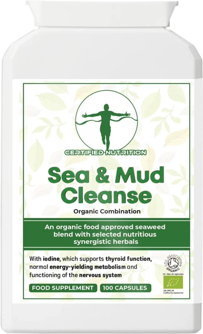 Flat, rectangular white bottle with green leaf motif border; bold title “Sea & Mud Cleanse”, subtitle “Organic Combination”; mid green band reads “An organic food approved seaweed blend with selected nutritious synergistic herbals”; lower panel highlights iodine support for thyroid, energy metabolism, and the nervous system; callouts “Food Supplement” and “100 Capsules”.