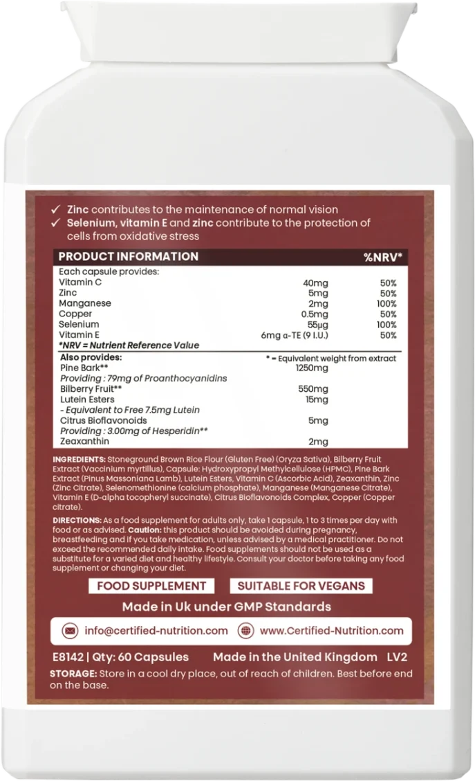 Back view of Certified Nutrition VisionGuard Complex+ supplement bottle, showing product details with Vitamin C, E, zinc, selenium, lutein, zeaxanthin, bilberry, pine bark, and citrus bioflavonoids. Includes ingredients, directions, cautions, and GMP/vegan labelling.