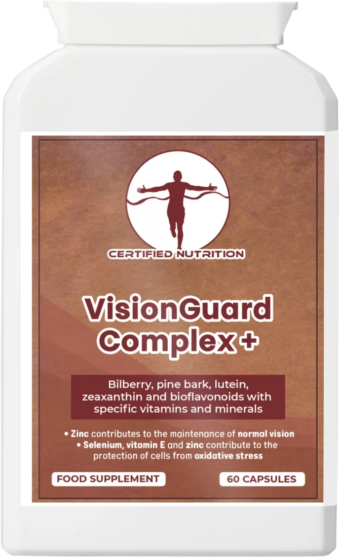 Front view of Certified Nutrition VisionGuard Complex+ supplement, highlighting support for normal vision with bilberry, pine bark, lutein, zeaxanthin, and protective vitamins and minerals. 60 vegan capsules.