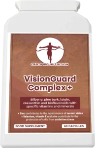 Top-down angled view of Certified Nutrition VisionGuard Complex+ bottle, showing front label design and product name for eye health support.