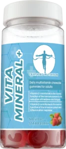 Angled front view of Certified Nutrition VitaMineral+ strawberry flavour daily multivitamin gummies highlighting immune support benefits with vitamin C and D.