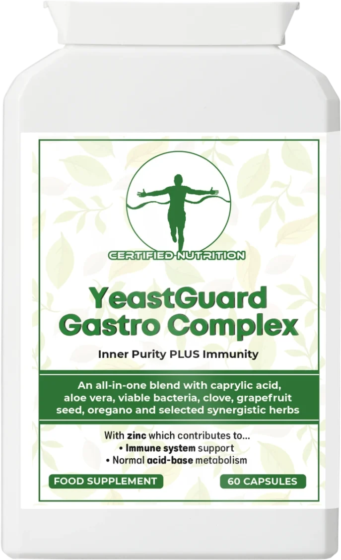 Rectangular white HDPE flat bottle with flip-top cap; green-leaf patterned label. Large title “YeastGuard Gastro Complex”, sub-title “Inner Purity PLUS Immunity”. Mid-panel band lists blend with caprylic acid, aloe vera, viable bacteria, clove, grapefruit seed, oregano, selected herbs. Bottom callouts: “With zinc which contributes to immune system support” and “Normal acid-base metabolism”; badges “Food Supplement” and “60 Capsules”.
