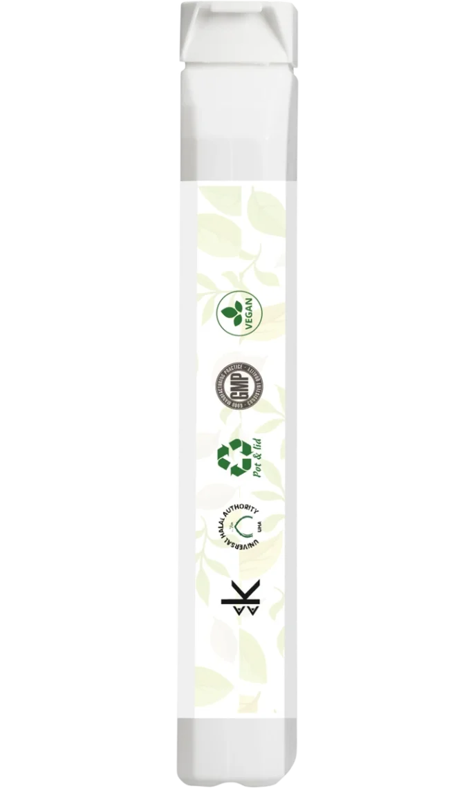 Narrow rectangular side view of the bottle with vertical icon strip. Certifications displayed: Vegan, GMP – Good Manufacturing Practice, PET & lid recyclable, Universal Halal Authority (UHA), and Kosher K symbol.