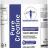 Certified Nutrition Pure Creatine container front view, white tub with blue branding, highlighting creatine monohydrate performance drink, 5g per serving, supports increased physical performance, unflavoured supplement.
