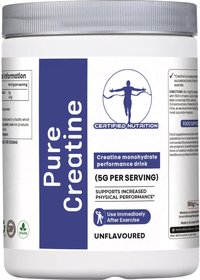Certified Nutrition Pure Creatine container front view, white tub with blue branding, highlighting creatine monohydrate performance drink, 5g per serving, supports increased physical performance, unflavoured supplement.