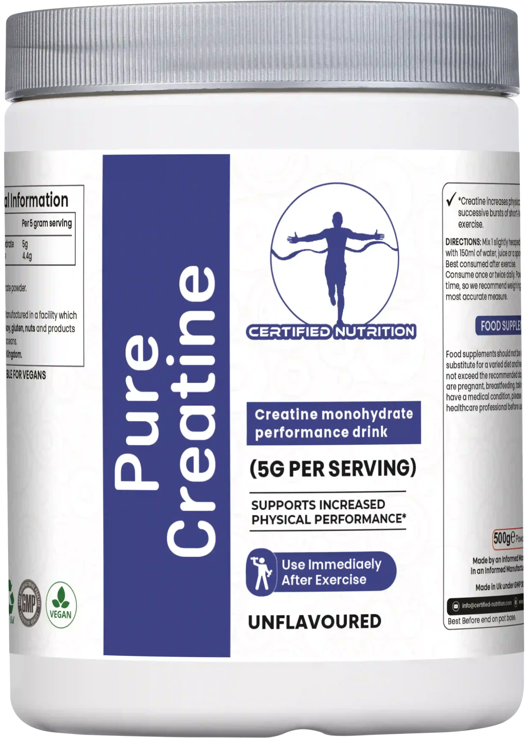 Certified Nutrition Pure Creatine container front view, white tub with blue branding, highlighting creatine monohydrate performance drink, 5g per serving, supports increased physical performance, unflavoured supplement.