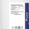 Product tub side view showing nutritional information table, listing creatine monohydrate 5g per serving, allergy advice, and suitability for vegans, with certification logos for GMP, vegan, and halal.