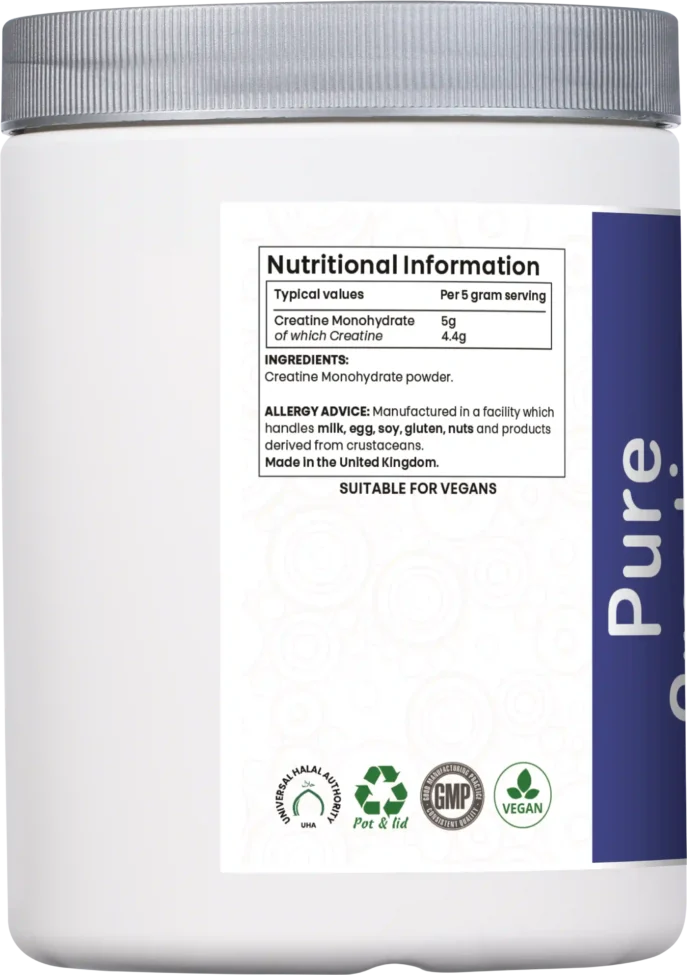 Product tub side view showing nutritional information table, listing creatine monohydrate 5g per serving, allergy advice, and suitability for vegans, with certification logos for GMP, vegan, and halal.