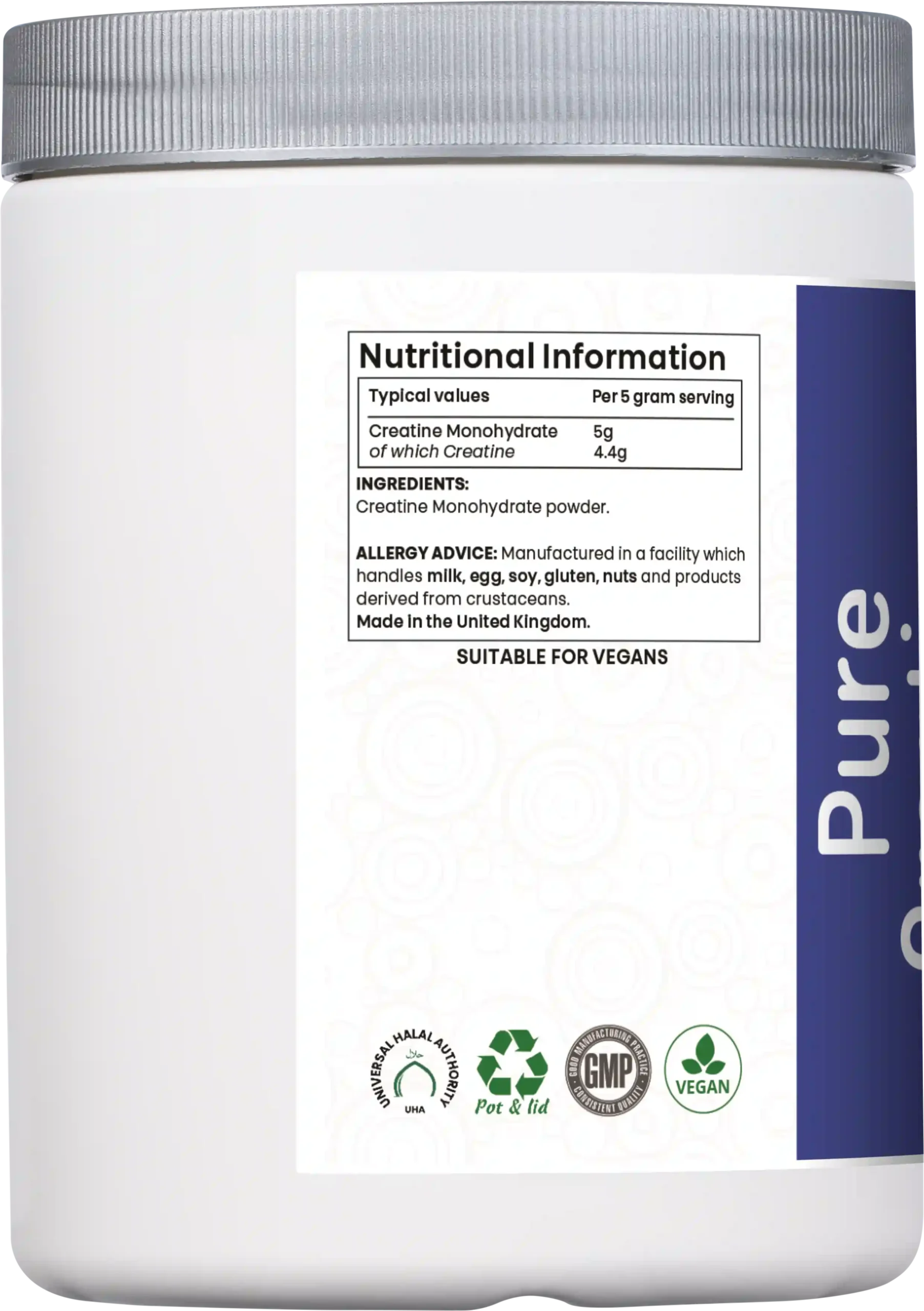 Product tub side view showing nutritional information table, listing creatine monohydrate 5g per serving, allergy advice, and suitability for vegans, with certification logos for GMP, vegan, and halal.