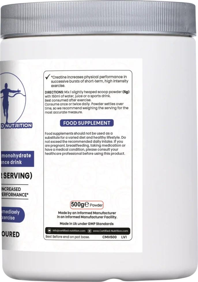 Product tub rotated to display supplement directions, usage guidance recommending 5g with water or juice, best after exercise, with food supplement disclaimer and storage instructions.