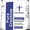 Bottom front view of Pure Creatine white supplement container with silver screw lid, displaying a clean sealed packaging design for freshness and product integrity.