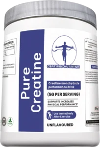 Bottom front view of Pure Creatine white supplement container with silver screw lid, displaying a clean sealed packaging design for freshness and product integrity.