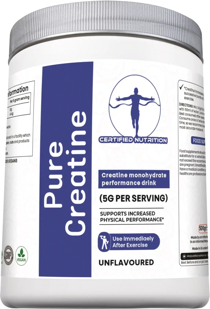 Bottom front view of Pure Creatine white supplement container with silver screw lid, displaying a clean sealed packaging design for freshness and product integrity.